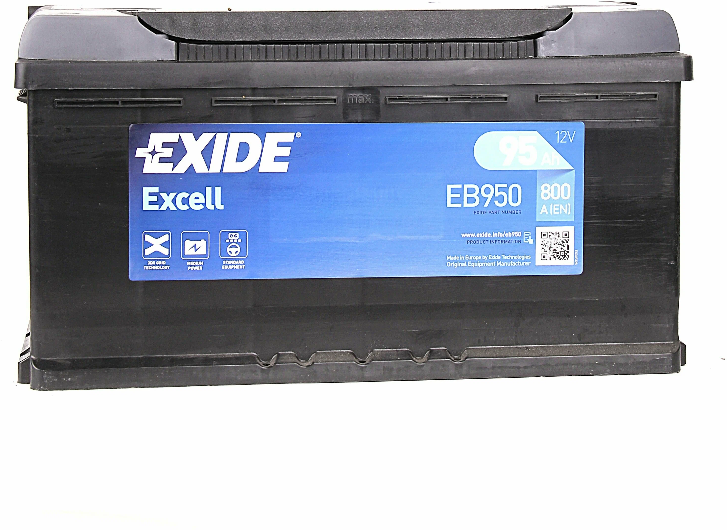 Аккумулятор автомобильный Exide Excell 95 А/ч 800 A обр. пол. EB950 Евро авто (353х175х190) H3