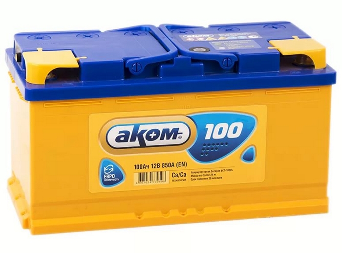 Аккумулятор автомобильный АКОМ (Akom) 100 А/ч 850 А обр. пол. Евро авто (355x177x190)