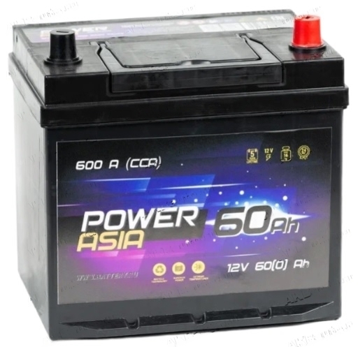 Аккумулятор автомобильный POWER Asia 60 А/ч 600 А обрат. пол. 65D23L Азия авто (232x173x225) 560410 D47B