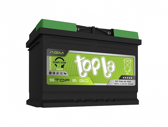 Аккумулятор автомобильный Topla AGM Stop&Go 70 А/ч 760 А обр. пол. 114070 Евро авто (278x175x190)