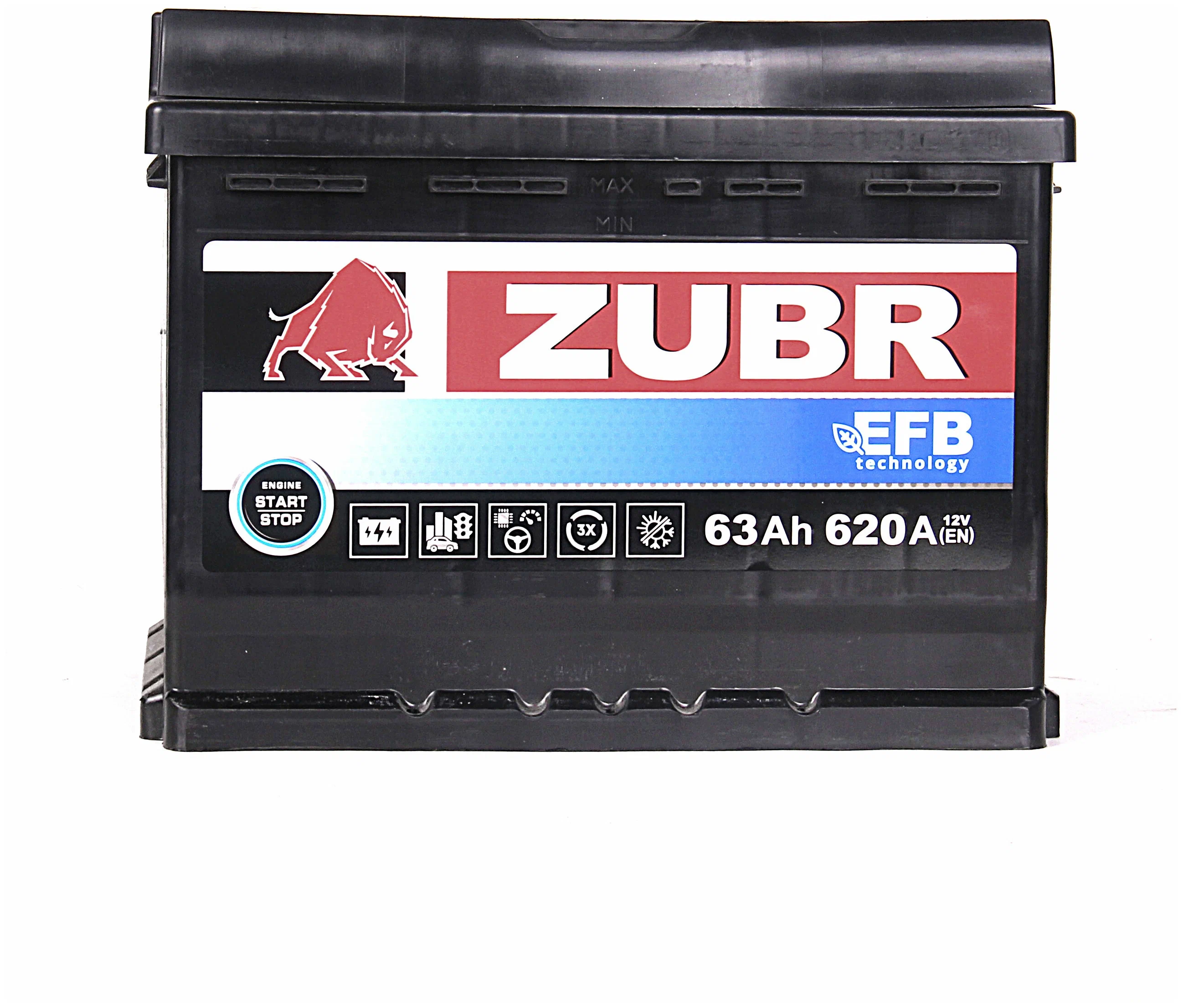 Аккумулятор автомобильный Zubr EFB 63 А/ч 620 А обр. пол. Евро авто (242х175х190)