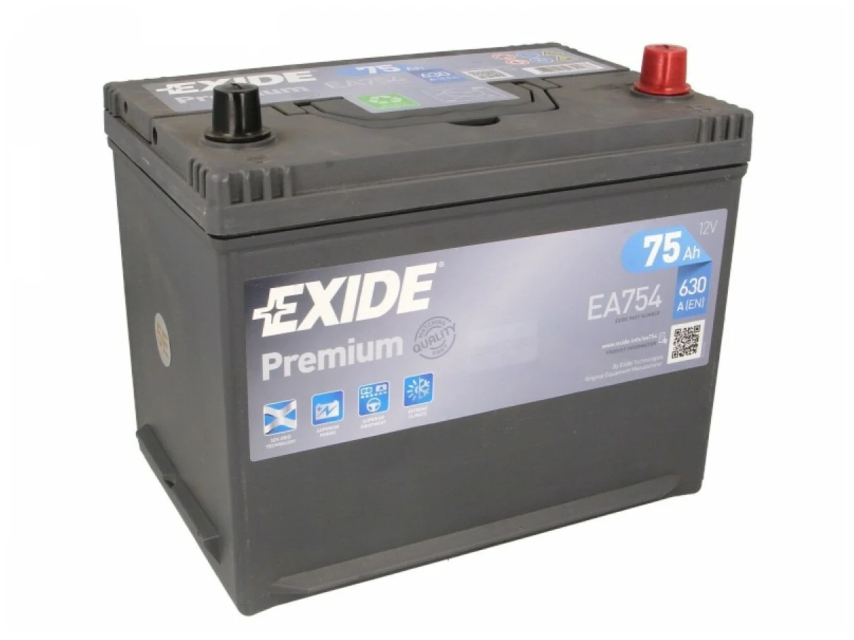 Аккумулятор автомобильный Exide Premium 75 А/ч 630 А обр. пол. EA754 Азия авто (260x175x220) с бортиком E43