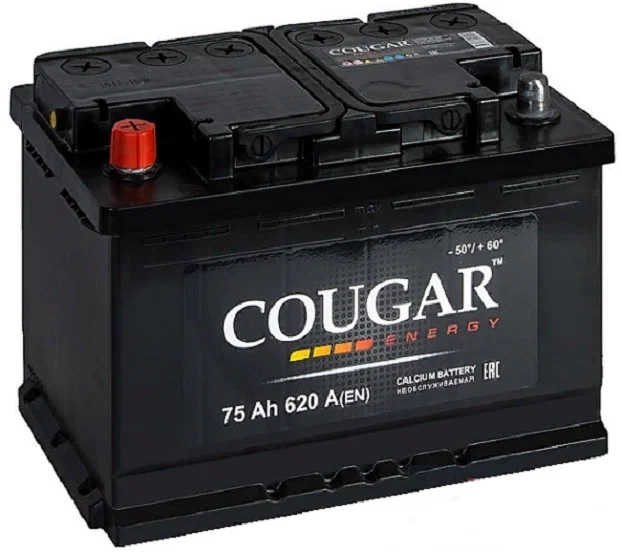 Аккумулятор автомобильный Cougar Energy 75 А/ч 620 A прям. пол. Росс. авто (278x175x190)